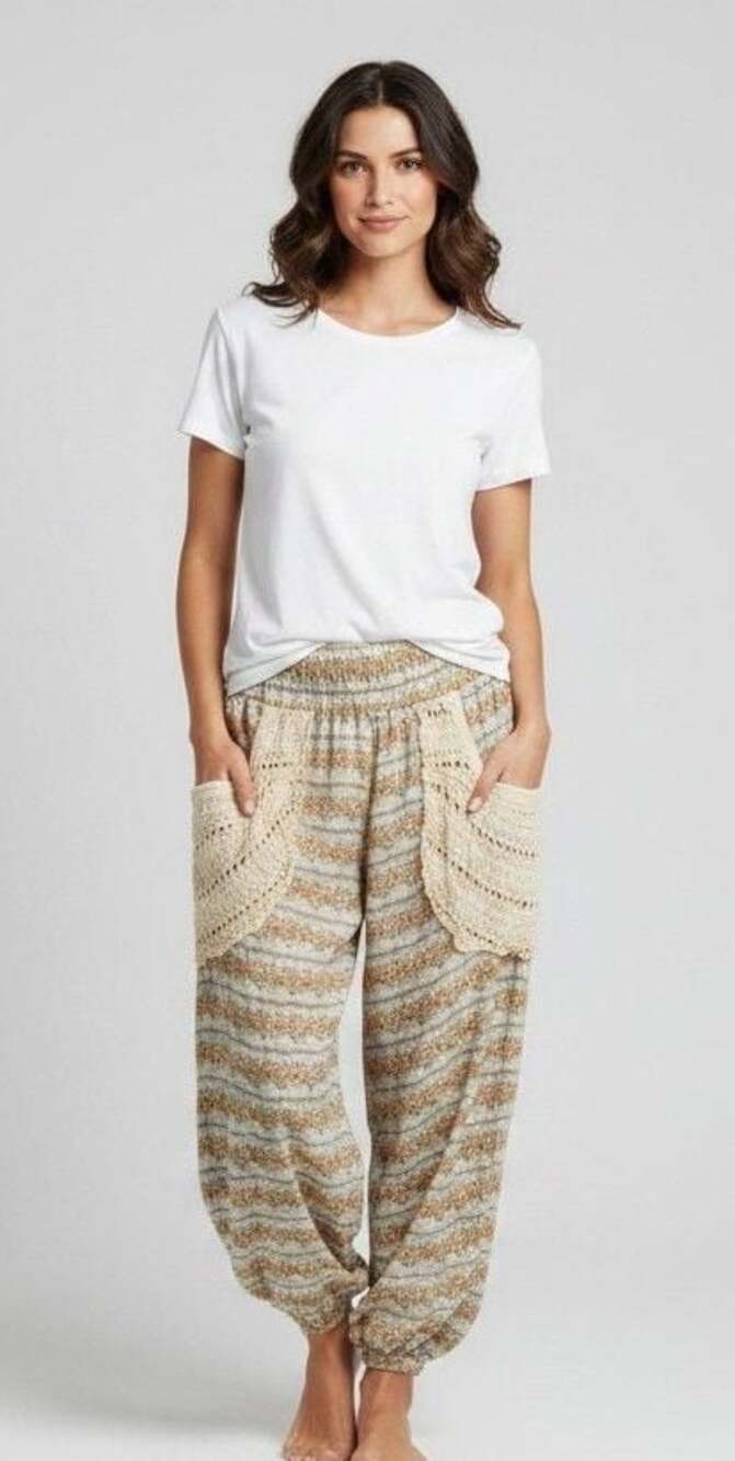 POL Trail Bloom Jogger Pants Mint Multi Floral Crochet Pocket Harem Boho